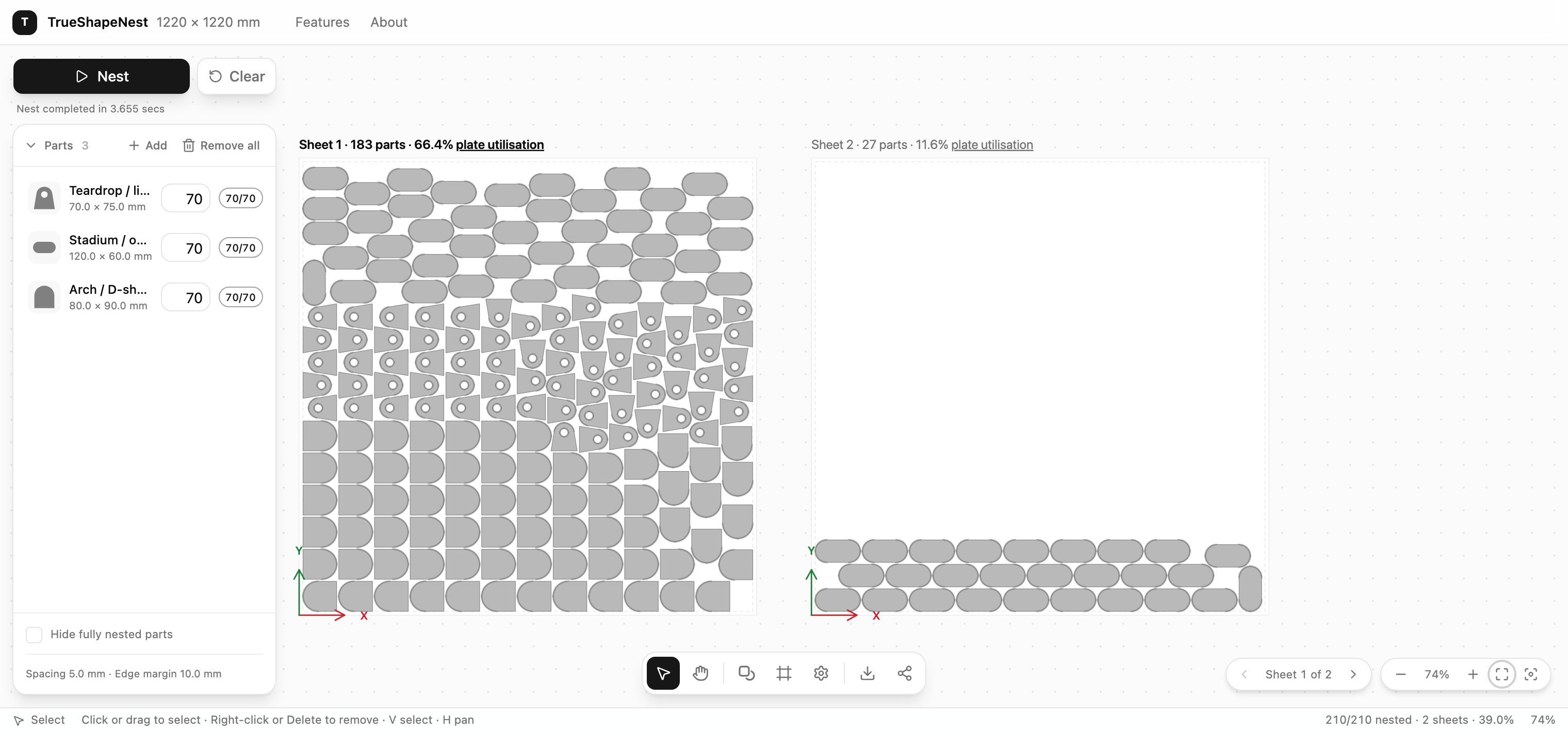 TrueShapeNest arranging 300 true-shape parts across two sheets, with live plate utilisation